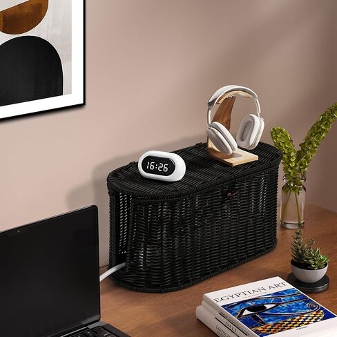 Handwoven Rattan Style Cable Management Box, Cord Organizer with Outlet Covers, Cord Hider Box for Power Strips, Cable Tidy Box for Desk, Floor and Home Organization in Saudi Arabia