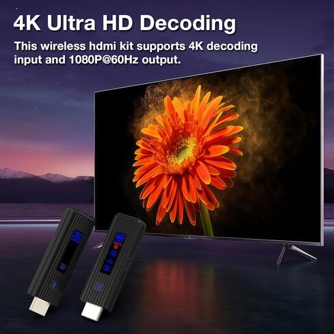 جهاز إرسال واستقبال HDMI لاسلكي جديد 2026، موسع 360FT/110M، فك تشفير 4K 1080P@60هرتز، شاشة LED، 5.8+2.4G بث الفيديو/الصوت من الكمبيوتر/الكمبيوتر المحمول/صندوق التلفزيون إلى الشاشة (أسود) in Kuwait