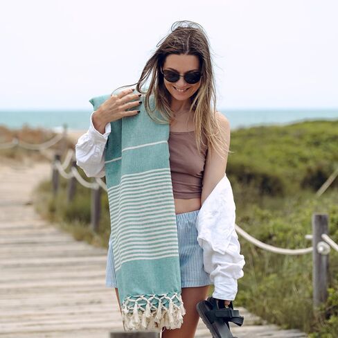 Extra Large Turkish Beach Towel Style – 100% Cotton, Sand-Free Comfort | Oversized Beach Towel – Sandproof Beach Blanket – Big Beach Mat - Outdoor Picnic Blanket (Sea Green, 83x94 in) in Saudi Arabia