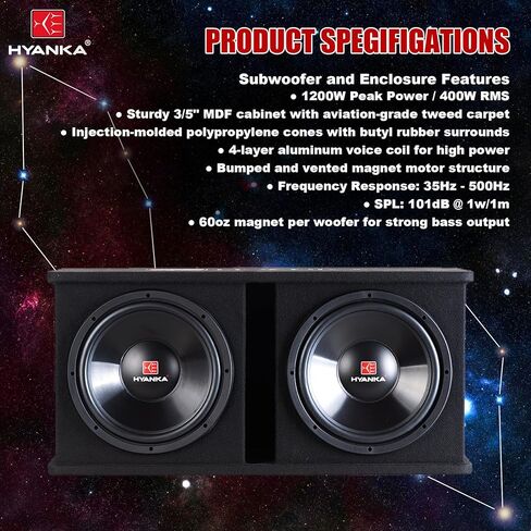 H YANKA SKP-D12M 1200W Dual 12" Car Subwoofer Enclosure Kit – MDF Box, Mono Amplifier, Complete Wiring Kit, High-Bass Output for Cars, Trucks, and SUVs in Saudi Arabia