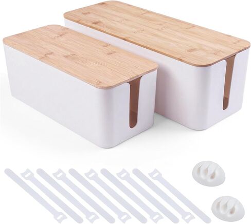 2 Pack Cable Management Box - Cord Organizer Box with Wooden Lid for TV Wires, Power Strips, Router, USB Hub & Under Desk Power: Baby & Pet Proof Cord Management, Cord Hider for Home & Office (White) in Saudi Arabia
