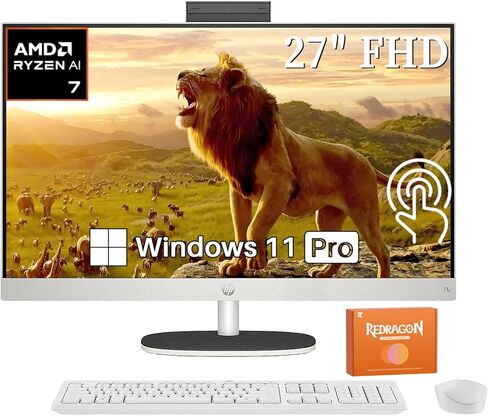 HP 27 inch FHD All in One Touchscreen Desktop Computer, AMD Ryzen AI 7 350 (8-Core), 32GB DDR5, 2TB SSD, Copilot AI, Wi-Fi 6, Bluetooth 5.4, Wireless Keyboard & Mouse, Windows 11 Pro, Accessories in Saudi Arabia