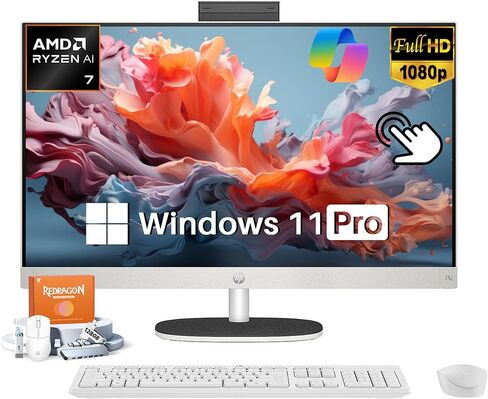 HP 27" All-in-One Touchscreen Desktop Computer, AMD Ryzen AI 7 350, Copilot, FHD IPS 250Nits Display, 32GB DDR5-5600 MHz, 2TB SSD, Windows 11 Pro, Private Cam, BT 5.4, KB & Mouse, Accessories in Saudi Arabia