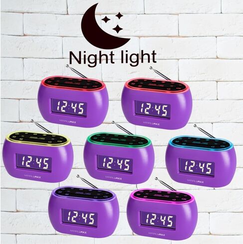 HANNLOMAX HX-161CR Portable PLL FM Radio Alarm Clock, LCD Display with Dimmer Function, 7 Colors RGB Night Light, USB Port for 1A Charging, Telescopic Antenna, AC/DC Operation only. (Purple) in Saudi Arabia