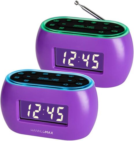 HANNLOMAX HX-161CR Portable PLL FM Radio Alarm Clock, LCD Display with Dimmer Function, 7 Colors RGB Night Light, USB Port for 1A Charging, Telescopic Antenna, AC/DC Operation only. (Purple) in Saudi Arabia