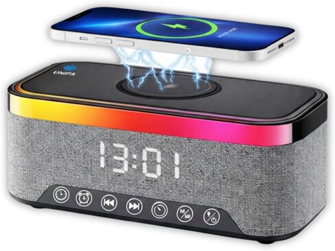 Wireless Charging Alarm Clock with Bluetooth Speaker, FM Radio, Night Light, Dual Alarm, USB Charger, LED Bedside Clock in Saudi Arabia