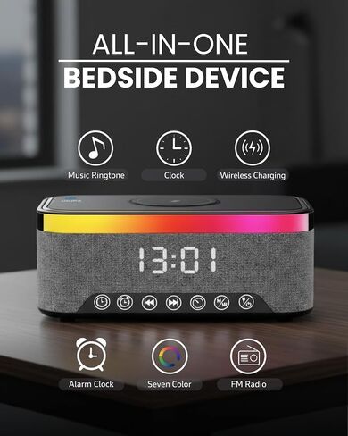 Wireless Charging Alarm Clock with Bluetooth Speaker, FM Radio, Night Light, Dual Alarm, USB Charger, LED Bedside Clock in Saudi Arabia