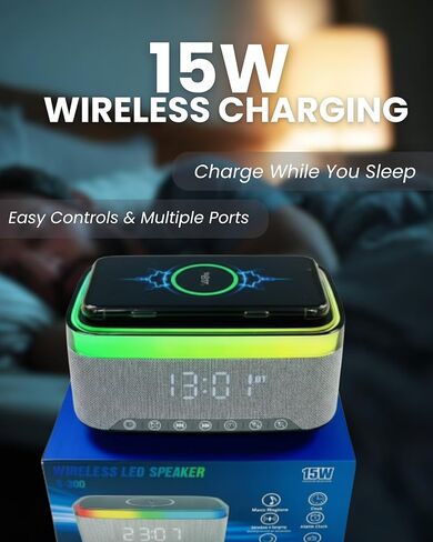 Wireless Charging Alarm Clock with Bluetooth Speaker, FM Radio, Night Light, Dual Alarm, USB Charger, LED Bedside Clock in Saudi Arabia