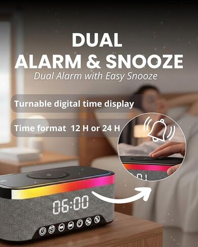 Wireless Charging Alarm Clock with Bluetooth Speaker, FM Radio, Night Light, Dual Alarm, USB Charger, LED Bedside Clock in Saudi Arabia