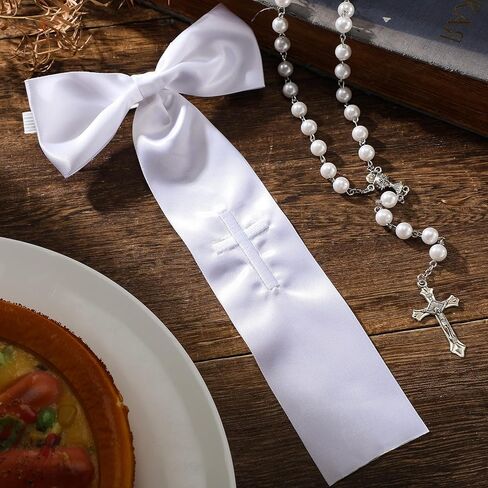 1 Pcs 9 x 5.5 Inch First Communion Arm Band with Cross Satin White Arm Band with Embroidered Cross for First Communion Celebration in Saudi Arabia