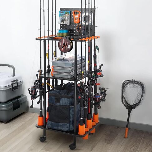KastKing V12 Gear Trolley, Indoor Fishing Rod Holder for 12 Combos, 3-Tier Fishing Rod Rack With Peg Wall, Patented Built-in Line Spooler, Mobile Tackle Storage Cart With Locking Wheels in Saudi Arabia