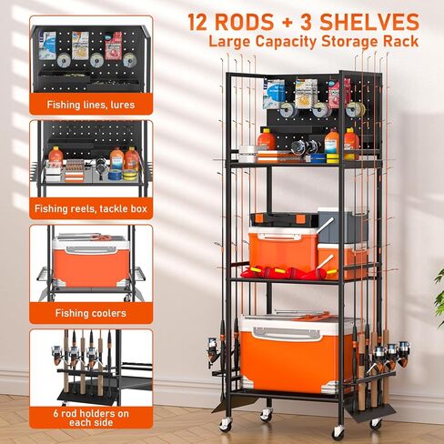 3-Shelf Fishing Pole Holders for Garage, Fishing Rod Holder Up to 12 Rods，Rolling Fishing Storage Cart for Tackle Box & Accessories, Fishing Gifts for Men in Saudi Arabia