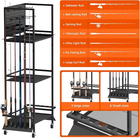 3-Shelf Fishing Pole Holders for Garage, Fishing Rod Holder Up to 12 Rods，Rolling Fishing Storage Cart for Tackle Box & Accessories, Fishing Gifts for Men in Saudi Arabia