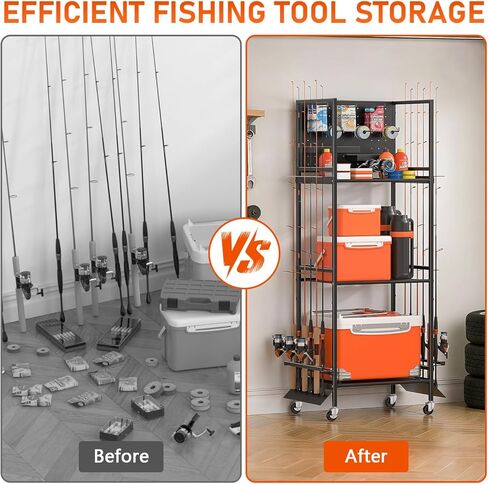 3-Shelf Fishing Pole Holders for Garage, Fishing Rod Holder Up to 12 Rods，Rolling Fishing Storage Cart for Tackle Box & Accessories, Fishing Gifts for Men in Saudi Arabia