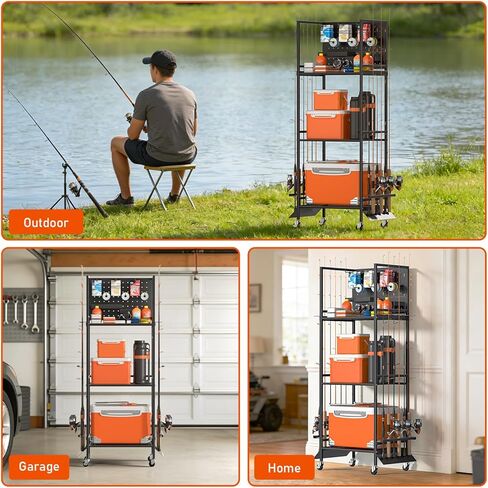 3-Shelf Fishing Pole Holders for Garage, Fishing Rod Holder Up to 12 Rods，Rolling Fishing Storage Cart for Tackle Box & Accessories, Fishing Gifts for Men in Saudi Arabia