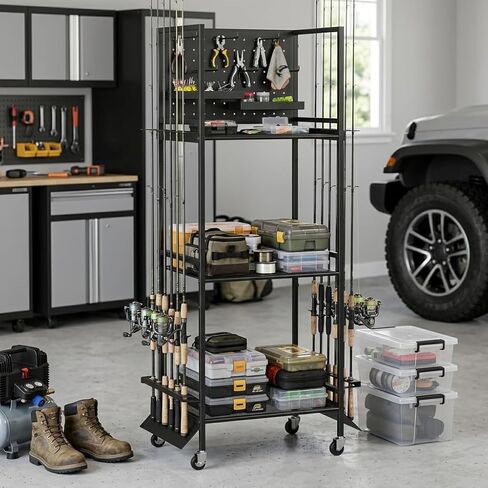 3-Shelf Fishing Pole Holders for Garage, Fishing Rod Holder Up to 12 Rods，Rolling Fishing Storage Cart for Tackle Box & Accessories, Fishing Gifts for Men in Saudi Arabia