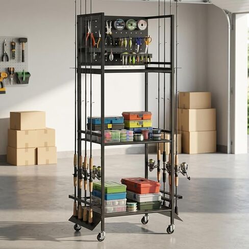 3-Shelf Fishing Pole Holders for Garage, Fishing Rod Holder Up to 12 Rods，Rolling Fishing Storage Cart for Tackle Box & Accessories, Fishing Gifts for Men in Saudi Arabia