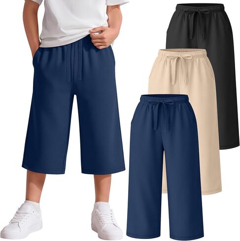 3 Pack Boys' Capri Pants Kids Baggy Below Knee 3/4 Pants Loose Summer Sweatpants Athletic Capri Shorts with Pockets in Saudi Arabia