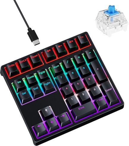 لوحة أرقام ميكانيكية - لوحة مفاتيح رقمية USB سلكية قابلة للتبديل السريع مع إضاءة خلفية LED RGB 34 مفتاحًا، لوحة مفاتيح رقمية سلكية USB ميكانيكية لأجهزة الكمبيوتر المحمول والكمبيوتر المكتبي (إمالة بمستويين، مفتاح أزرق) in Kuwait