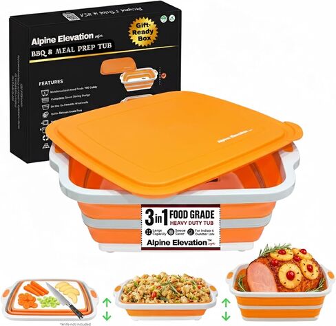 Collapsible X-Large (16L) BBQ Marinating Tub w/ Cutting Board | Multipurpose Food-Grade TPE Prep Tub w/ Lid | Built-In Colander & Drain Plug - For Camping | Tailgate | Picnic - Slate Black in Saudi Arabia