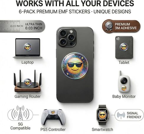 ملصق EMF Neutralizer Emoji مكون من 6 قطع - ملصقات رفيعة من مزيج معدني لاصق للهاتف الخلوي والكمبيوتر المحمول والكمبيوتر اللوحي والأجهزة الإلكترونية - تصميمات رموز تعبيرية ملونة in Kuwait