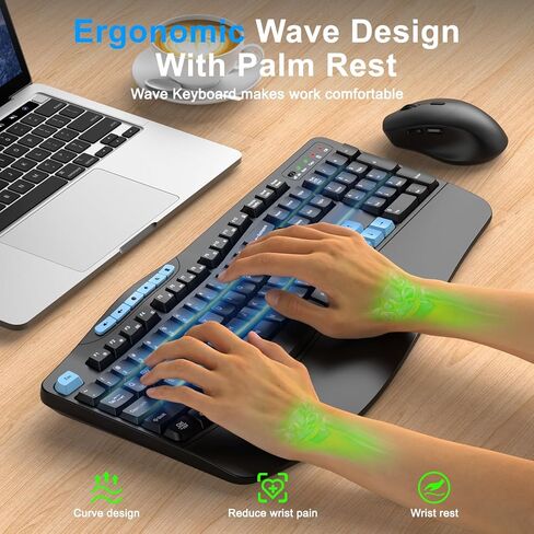 Wireless Keyboard and Mouse Combo, Ergonomic Keyboard with 6 Multimedia Keys, 2.4G Full Size Keyboard with Wrist Rest, 3-Level DPI Wireless Silent Mouse with 6-Buttons, for Windows (Blue Black) in Saudi Arabia