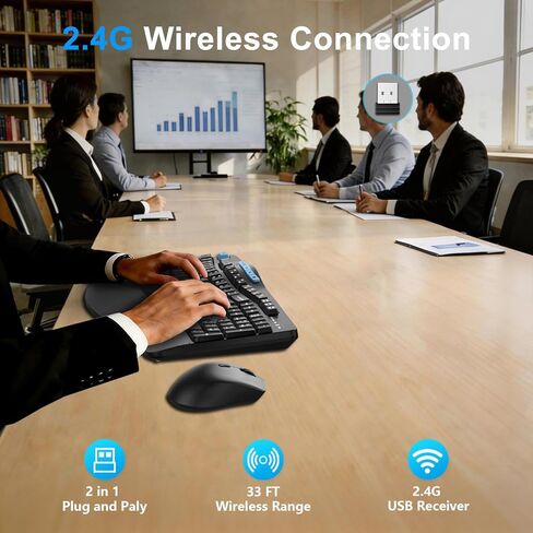 Wireless Keyboard and Mouse Combo, Ergonomic Keyboard with 6 Multimedia Keys, 2.4G Full Size Keyboard with Wrist Rest, 3-Level DPI Wireless Silent Mouse with 6-Buttons, for Windows (Blue Black) in Saudi Arabia