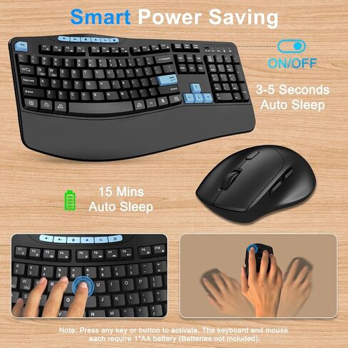 Wireless Keyboard and Mouse Combo, Ergonomic Keyboard with 6 Multimedia Keys, 2.4G Full Size Keyboard with Wrist Rest, 3-Level DPI Wireless Silent Mouse with 6-Buttons, for Windows (Blue Black) in Saudi Arabia