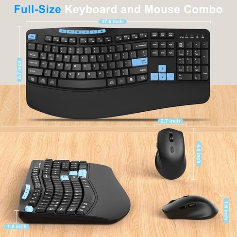Wireless Keyboard and Mouse Combo, Ergonomic Keyboard with 6 Multimedia Keys, 2.4G Full Size Keyboard with Wrist Rest, 3-Level DPI Wireless Silent Mouse with 6-Buttons, for Windows (Blue Black) in Saudi Arabia