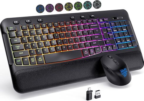 COLIKES Wireless Keyboard and Mouse Combo, Ergonomic Wave, 9 RGB Backlit Effects, Leather Wrist Rest, Rechargeable 2.4G USB Silent Set for Computer/Windows/Mac, Black in Saudi Arabia