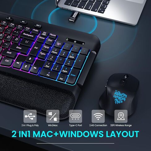 COLIKES Wireless Keyboard and Mouse Combo, Ergonomic Wave, 9 RGB Backlit Effects, Leather Wrist Rest, Rechargeable 2.4G USB Silent Set for Computer/Windows/Mac, Black in Saudi Arabia