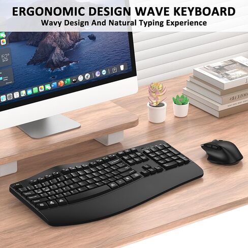 Wireless Keyboard and Mouse Combo, EDJO 2.4G Full-Sized Wave Keys Ergonomic Keyboard and Wireless Optical Mouse, Energy-Saving Wireless Mouse Keyboard for Computer, Mac, Laptop, PC, Windows(Black) in Saudi Arabia