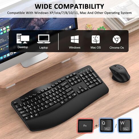 Wireless Keyboard and Mouse Combo, EDJO 2.4G Full-Sized Wave Keys Ergonomic Keyboard and Wireless Optical Mouse, Energy-Saving Wireless Mouse Keyboard for Computer, Mac, Laptop, PC, Windows(Black) in Saudi Arabia