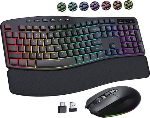 COLIKES Ergonomic Wireless Keyboard and Mouse Silent, Rechargeable Wave Keyboard with 15 Lighting RGB Backlit Effects, Soft Leather Wrist Rest, 3200 DPI Mouse for PC Computer Laptop Windows Mac in Saudi Arabia