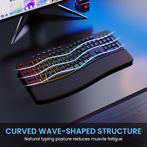 COLIKES Ergonomic Wireless Keyboard and Mouse Silent, Rechargeable Wave Keyboard with 15 Lighting RGB Backlit Effects, Soft Leather Wrist Rest, 3200 DPI Mouse for PC Computer Laptop Windows Mac in Saudi Arabia