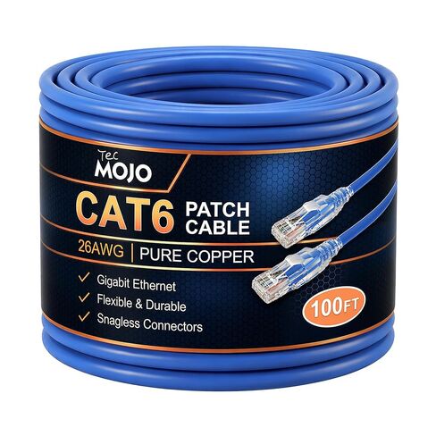 كابل إيثرنت Cat6 بطول 100 قدم من Tecmojo UL، موصلات نحاسية نقية 26AWG 100%، كابل شبكة Cat6، Snagless RJ45 لجهاز التوجيه، المودم، Xbox، الكمبيوتر المحمول، الخوادم، أزرق in Kuwait