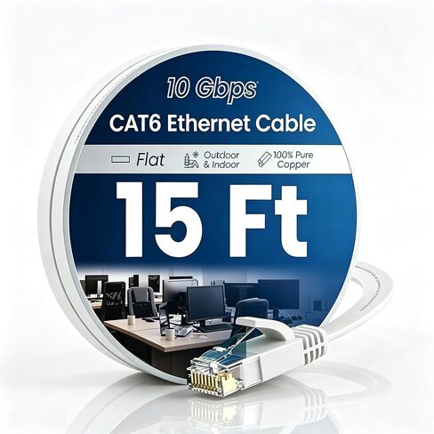 Cat 6 Ethernet Cable 15 Ft High Speed 10Gbps Flat Internet Network Patch Cord Pure Copper Wire with Snagless RJ45 Connector for Modem Router Gaming PC Laptop White in Saudi Arabia