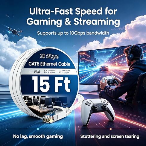 Cat 6 Ethernet Cable 15 Ft High Speed 10Gbps Flat Internet Network Patch Cord Pure Copper Wire with Snagless RJ45 Connector for Modem Router Gaming PC Laptop White in Saudi Arabia