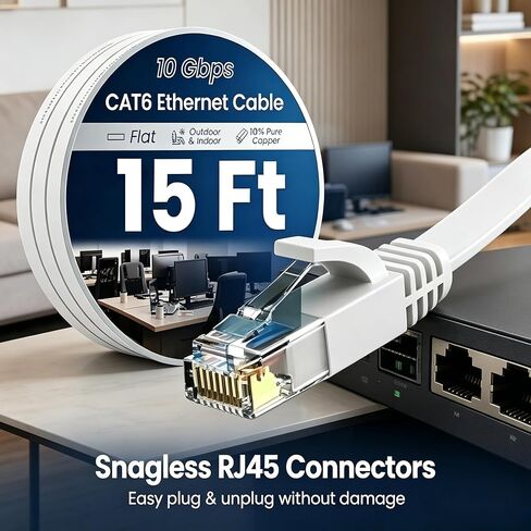 Cat 6 Ethernet Cable 15 Ft High Speed 10Gbps Flat Internet Network Patch Cord Pure Copper Wire with Snagless RJ45 Connector for Modem Router Gaming PC Laptop White in Saudi Arabia