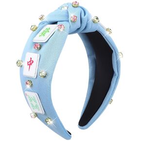 Mahjong Knotted Headband Rhinestone Crystal Embellished Headband Wide Top Knot Funny Hairband Hair Accessories Mahjong Gifts for Women Girls Lovers Players Themed Party Favors(Pink) in Saudi Arabia