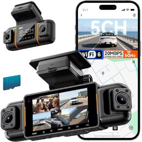 IIWEY N9 5 Channel Dash Cam عرض 360 درجة، 5.8G WiFi-6 مع التطبيق، بطاقة مجانية 128 جيجابايت، FHD أمامي وخلفي من الداخل، يسار، كاميرا داش يمين للسيارة، 12 مصباح IR للرؤية الليلية، نظام تحديد المواقع العالمي، وضع انتظار السيارات 24/7، مستشعر G in Kuwait