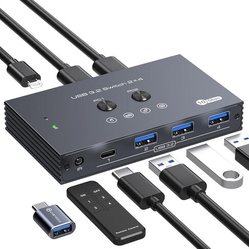 محول USB 3.2، جهازي كمبيوتر يشاركان 4 أجهزة USB مع جهاز تحكم عن بعد بالأشعة تحت الحمراء، 4 منافذ، محور USB KVM، مشاركة بيانات 10 جيجابت في الثانية للماسح الضوئي لطابعة لوحة المفاتيح والماوس in Kuwait