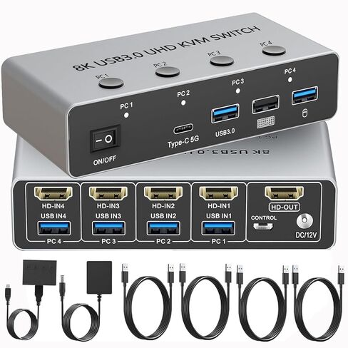 KVM Switch 4 Computers 1 Monitor HDMI2.1, 8K@60Hz HDMI Switcher with 4 HDMI in Ports 1 Out, 3 USB3.0+1 Type-C Hub, Wired Remote, 4 PCs Share Keyboard Mouse Printer, with Aluminum Shell in Kuwait