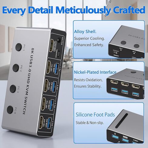 KVM Switch 4 Computers 1 Monitor HDMI2.1, 8K@60Hz HDMI Switcher with 4 HDMI in Ports 1 Out, 3 USB3.0+1 Type-C Hub, Wired Remote, 4 PCs Share Keyboard Mouse Printer, with Aluminum Shell in Kuwait