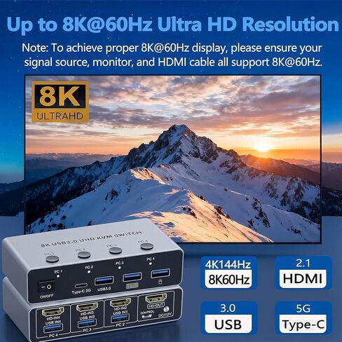 KVM Switch 4 Computers 1 Monitor HDMI2.1, 8K@60Hz HDMI Switcher with 4 HDMI in Ports 1 Out, 3 USB3.0+1 Type-C Hub, Wired Remote, 4 PCs Share Keyboard Mouse Printer, with Aluminum Shell in Kuwait