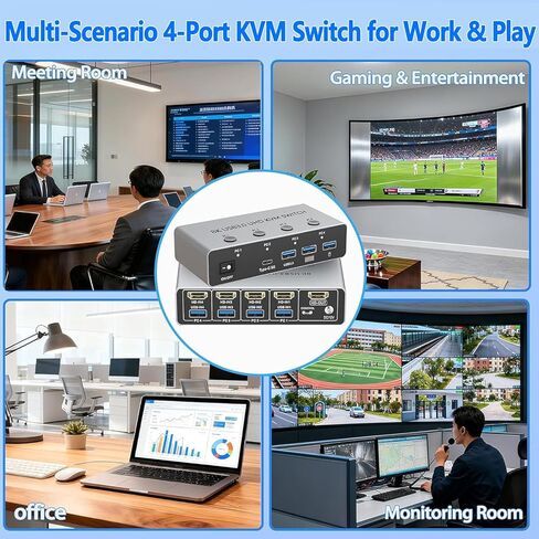 KVM Switch 4 Computers 1 Monitor HDMI2.1, 8K@60Hz HDMI Switcher with 4 HDMI in Ports 1 Out, 3 USB3.0+1 Type-C Hub, Wired Remote, 4 PCs Share Keyboard Mouse Printer, with Aluminum Shell in Kuwait