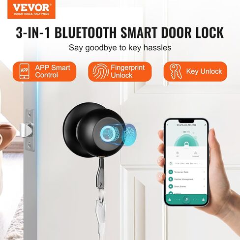 مقبض باب VEVOR، قفل ذكي ببصمة الإصبع مع التحكم في التطبيق، قفل باب بيومتري بلوتوث ذكي سهل التركيب، لغرف النوم المنزلية، والمرحاض، والفنادق، ومكاتب الشقق، أسود in Saudi Arabia