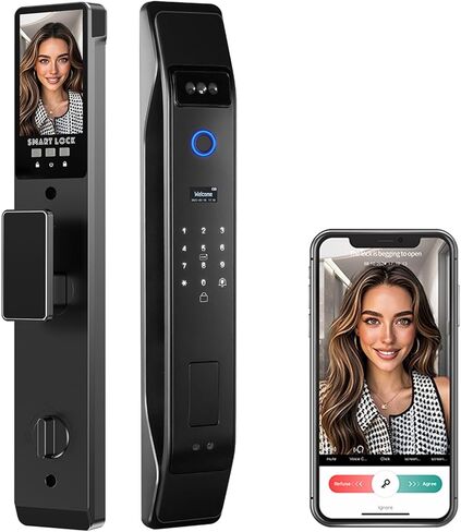 3D Face Recognition Smart Door Lock with Video Intercom, Tuya App Remote Access, Biometric Fingerprint & Palm Print Unlock, Heavy Duty Aluminum Mortise Lock for Home & Office (Black) in Saudi Arabia