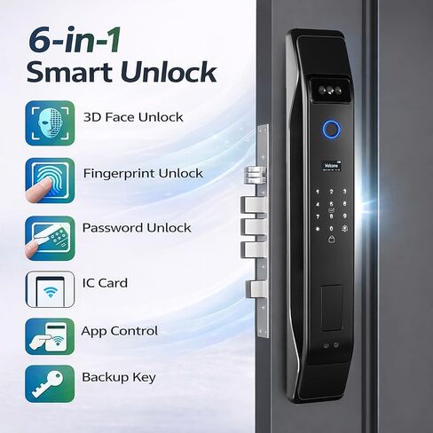 3D Face Recognition Smart Door Lock with Video Intercom, Tuya App Remote Access, Biometric Fingerprint & Palm Print Unlock, Heavy Duty Aluminum Mortise Lock for Home & Office (Black) in Saudi Arabia