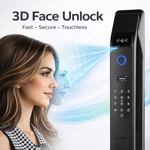 3D Face Recognition Smart Door Lock with Video Intercom, Tuya App Remote Access, Biometric Fingerprint & Palm Print Unlock, Heavy Duty Aluminum Mortise Lock for Home & Office (Black) in Saudi Arabia